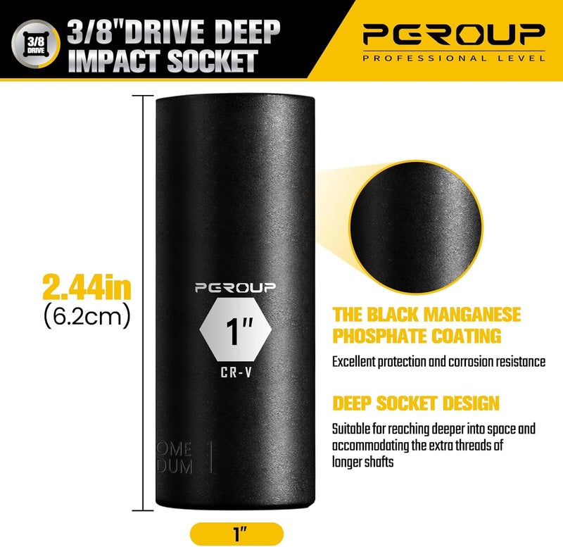 pgroup 3/8” Drive Deep Impact Socket, SAE(1 Inch socket), 6-Point, Cr-V Steel With Black Manganese Phosphate Coating - Image 2